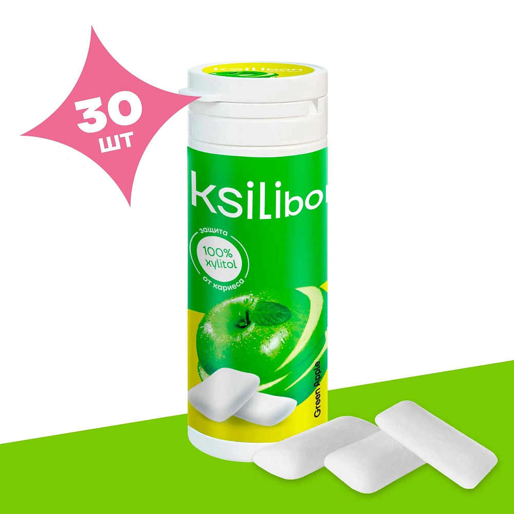 Жевательная резинка с ксилитом Ksilibon Gum «Зелёное яблоко», 30 шт.